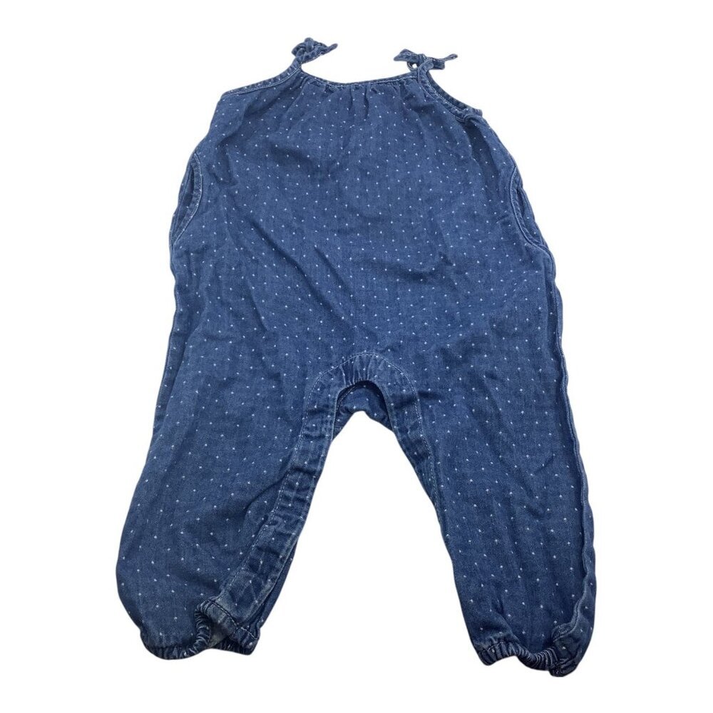 Baby Gap Denim Jumpsuit Romper Baby Girl 6-12 Months‎ Blue Polka Dot Tie Straps